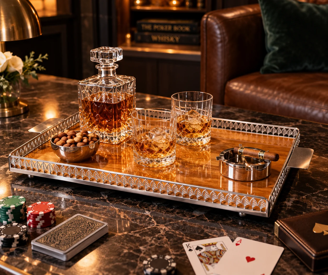 Plateau miroir et verres en cristal dans un salon de bar
