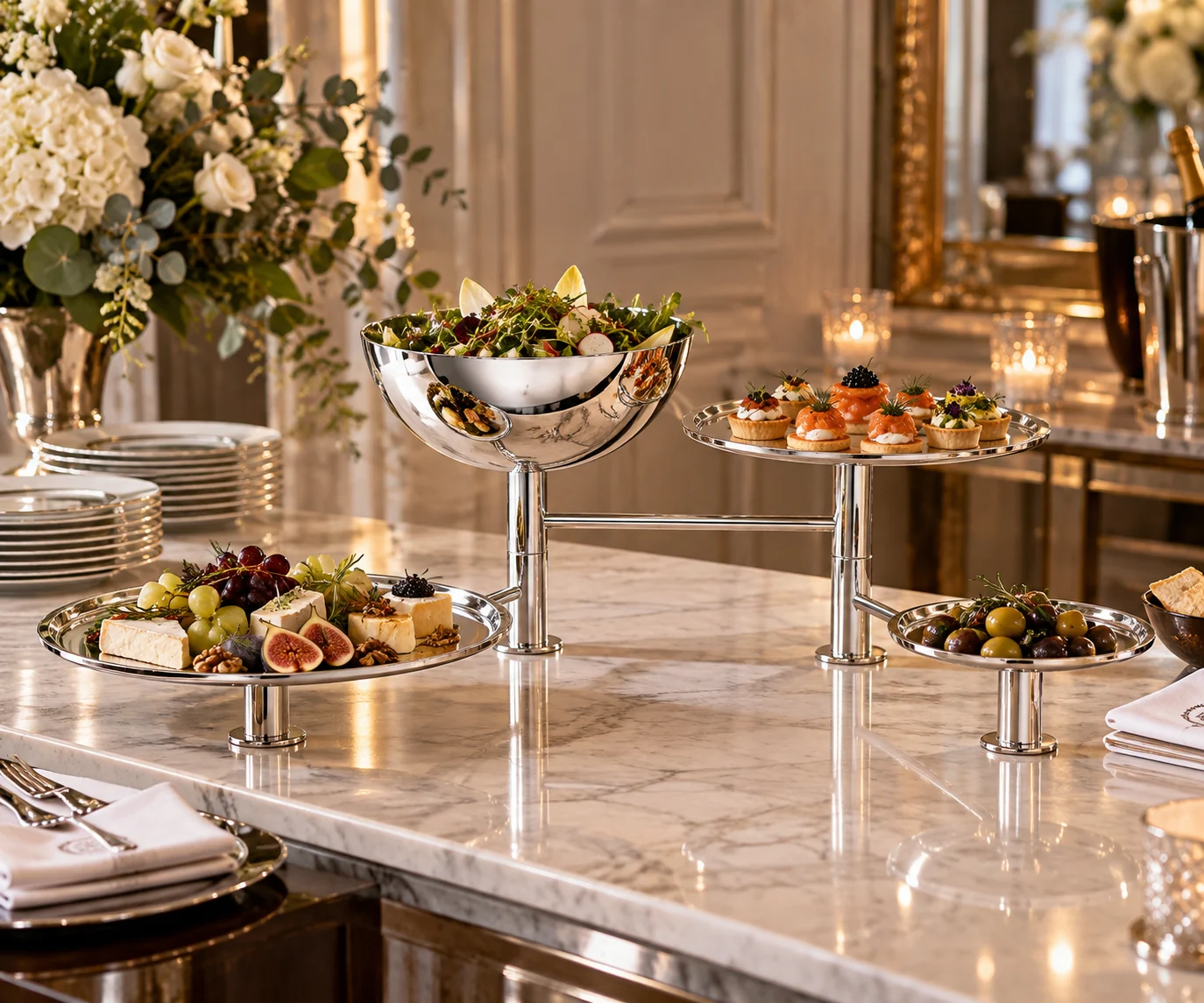 Présentoir en métal poli miroir avec un bol et trois plateaux sur un buffet