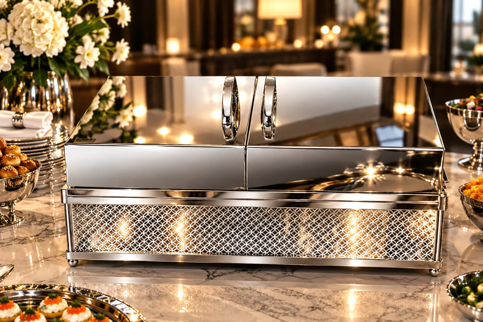 Chafing dish en métal miroir avec deux couvercles sur un buffet élégant