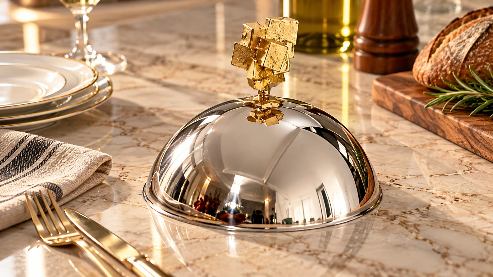 Cloche de service en métal miroir avec une poignée dorée sur une table raffinée