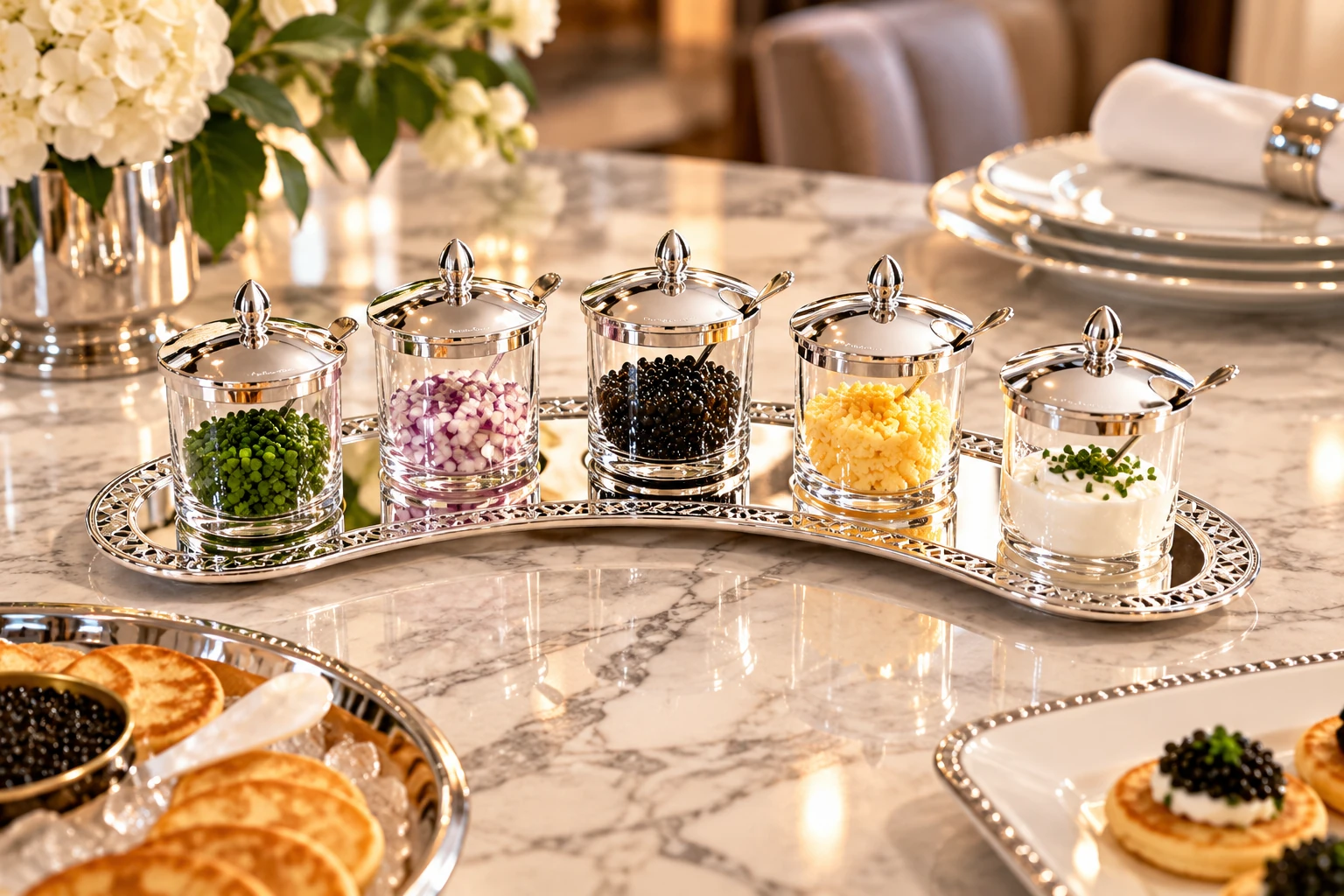 Petits pots à condiments avec couvercles sur un plateau en métal miroir