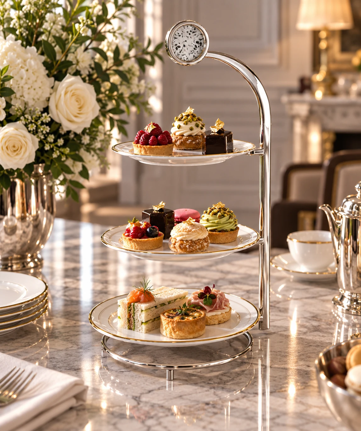 Serviteur argenté à trois niveaux avec de la porcelaine et des pâtisseries