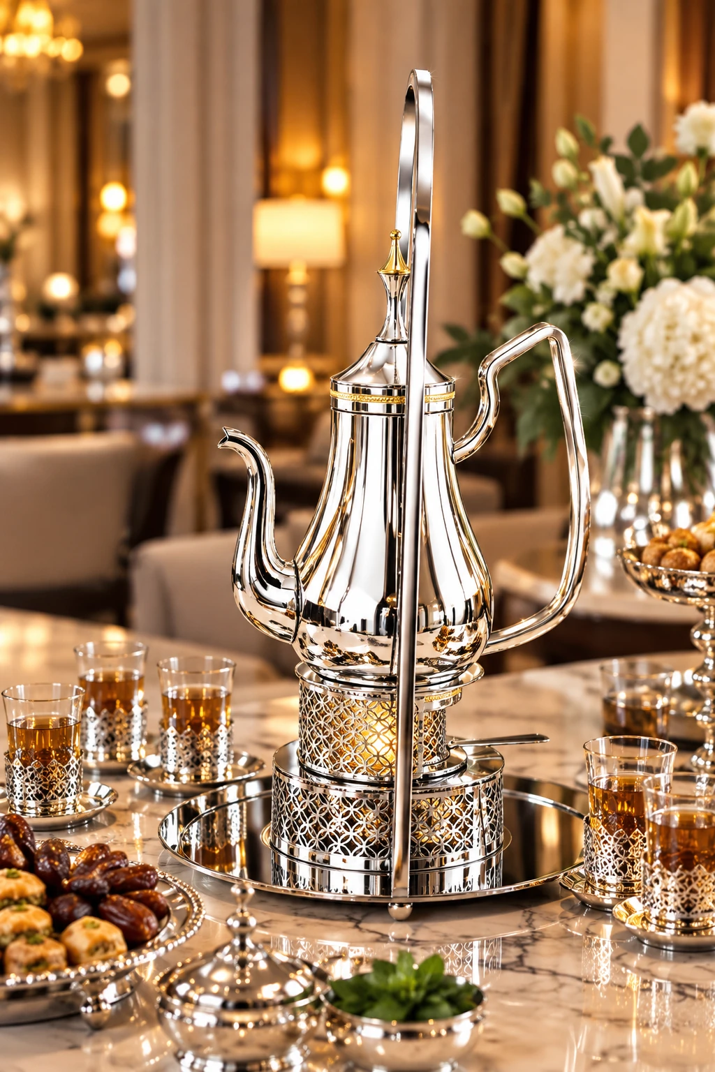 Samovar argenté avec robinet et petits verres sur un plateau dans un décor élégant