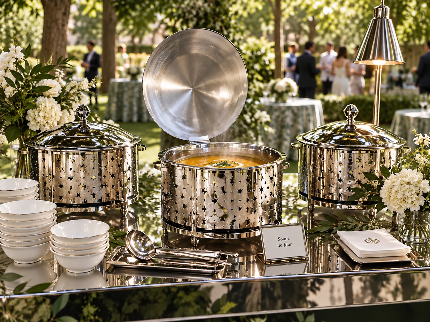 Soupières en métal miroir sur un buffet, dont une ouverte contenant de la soupe