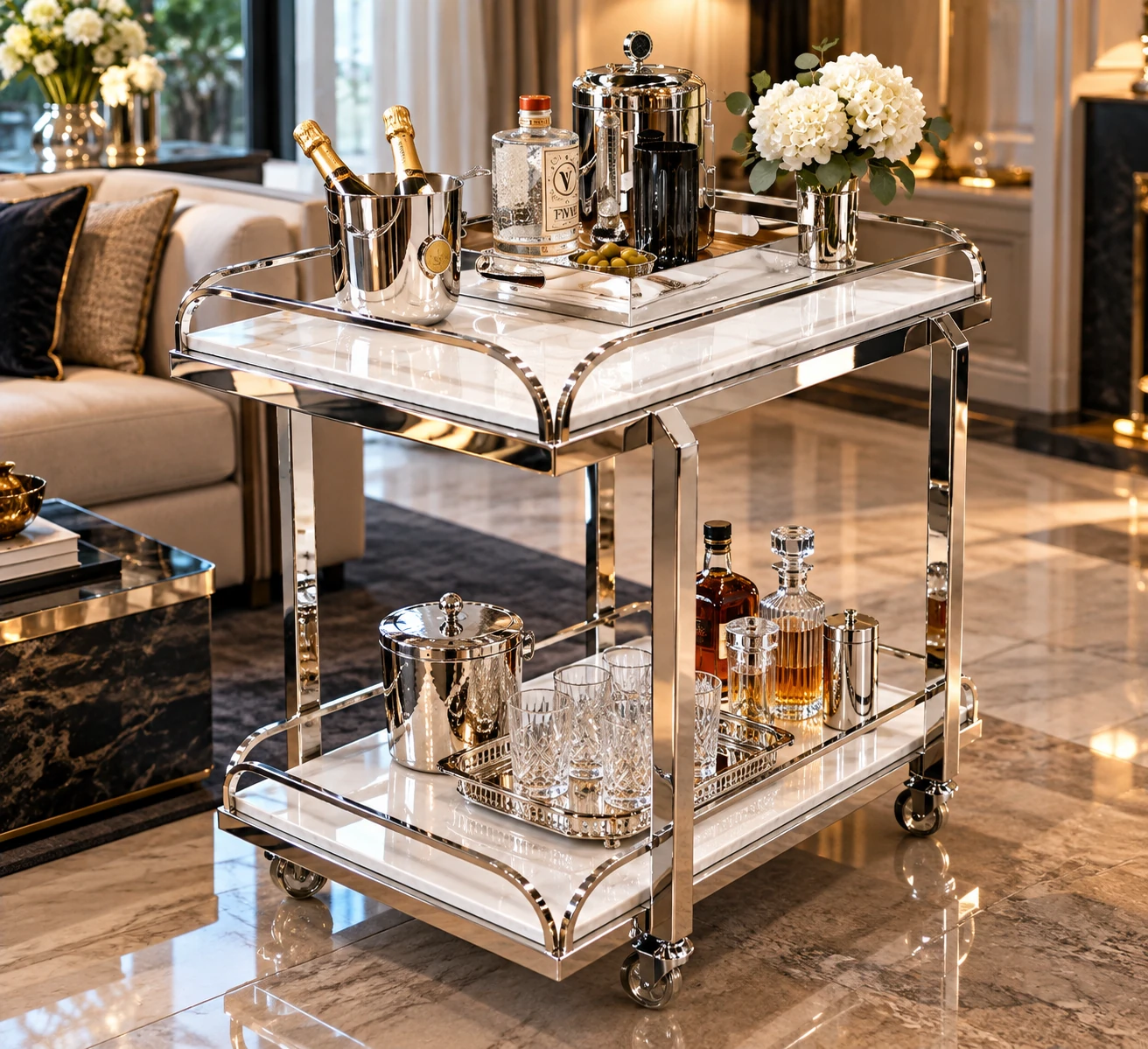 Chariot de bar en métal miroir avec deux niveaux, bouteilles et accessoires