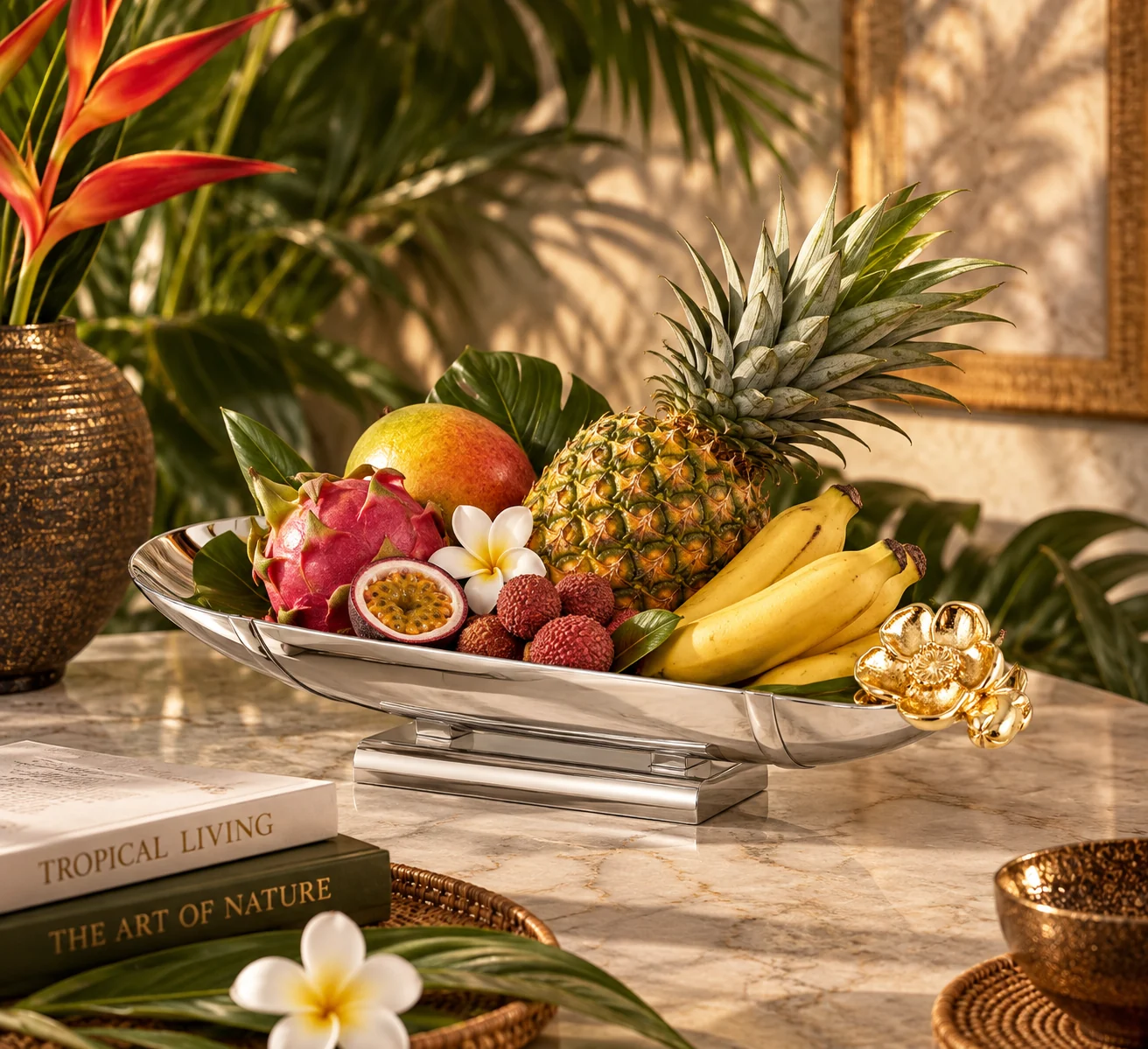 Grande coupe à fruits en métal avec ornements dorés dans une composition tropicale