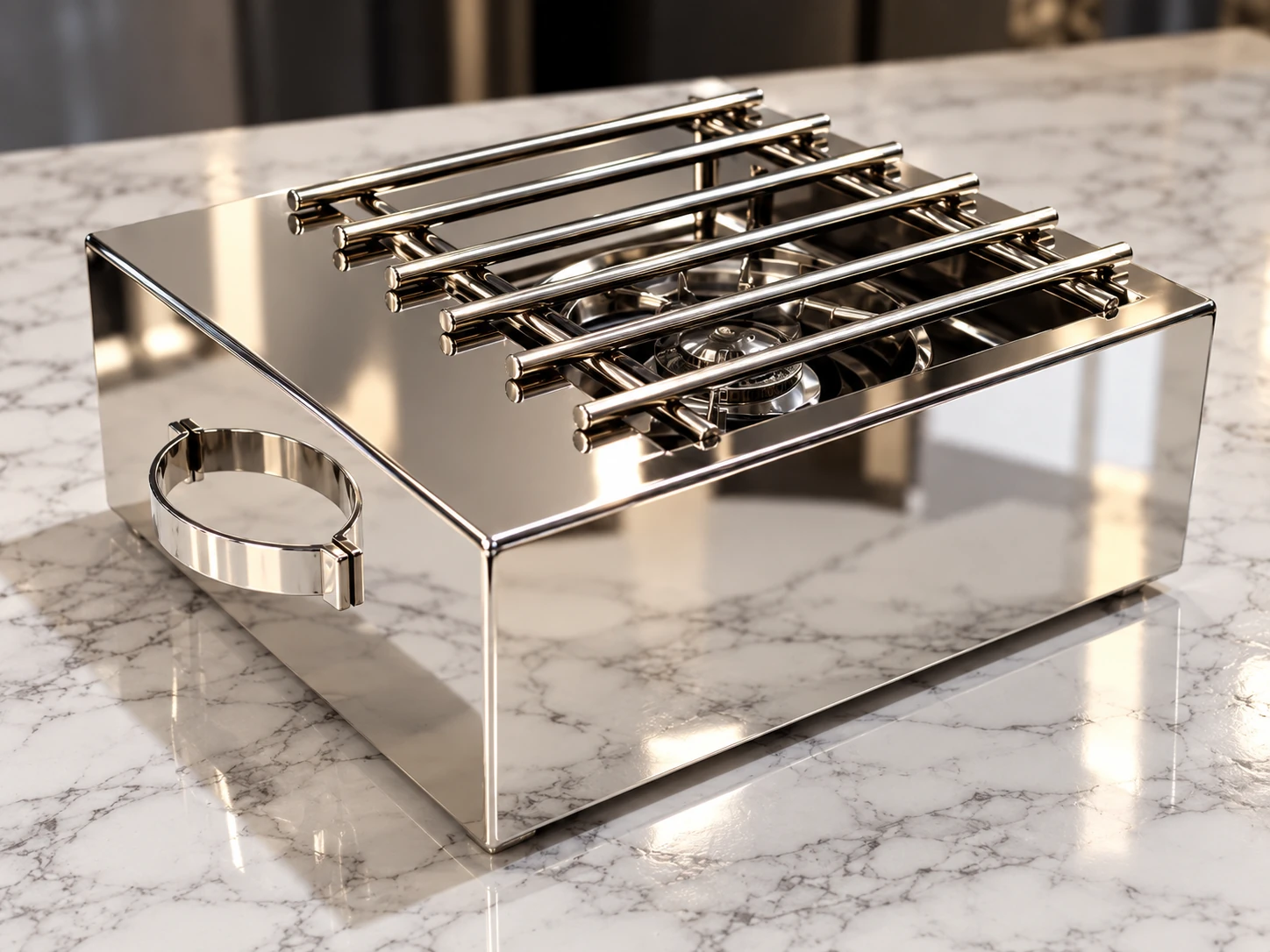 Réchaud de table rectangulaire en métal poli miroir avec une grille supérieure
