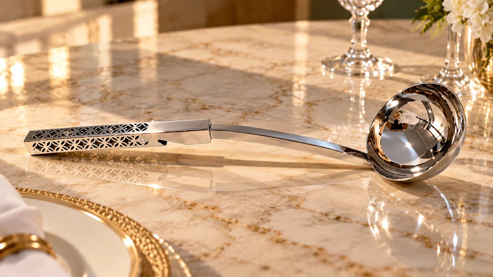Louche en métal poli miroir sur une table en marbre